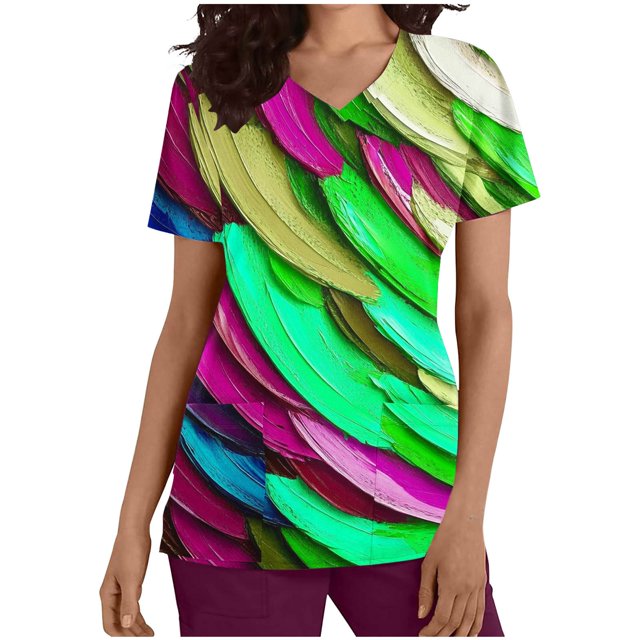 Vestido Corto para las Mujeres con Cuello en V Imprimir Manga Corta Bolsillo Enfermera Top, Poliéster Ligero para el Hogar Diario Y Desgaste Casual