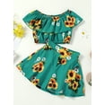 thumbnail image 2 of Qmyliery Toddler Girls 2Pcs Summer Outfits, Off Shoulder Sunflower Print Ruffle Tops + Shorts Set, 2 of 9