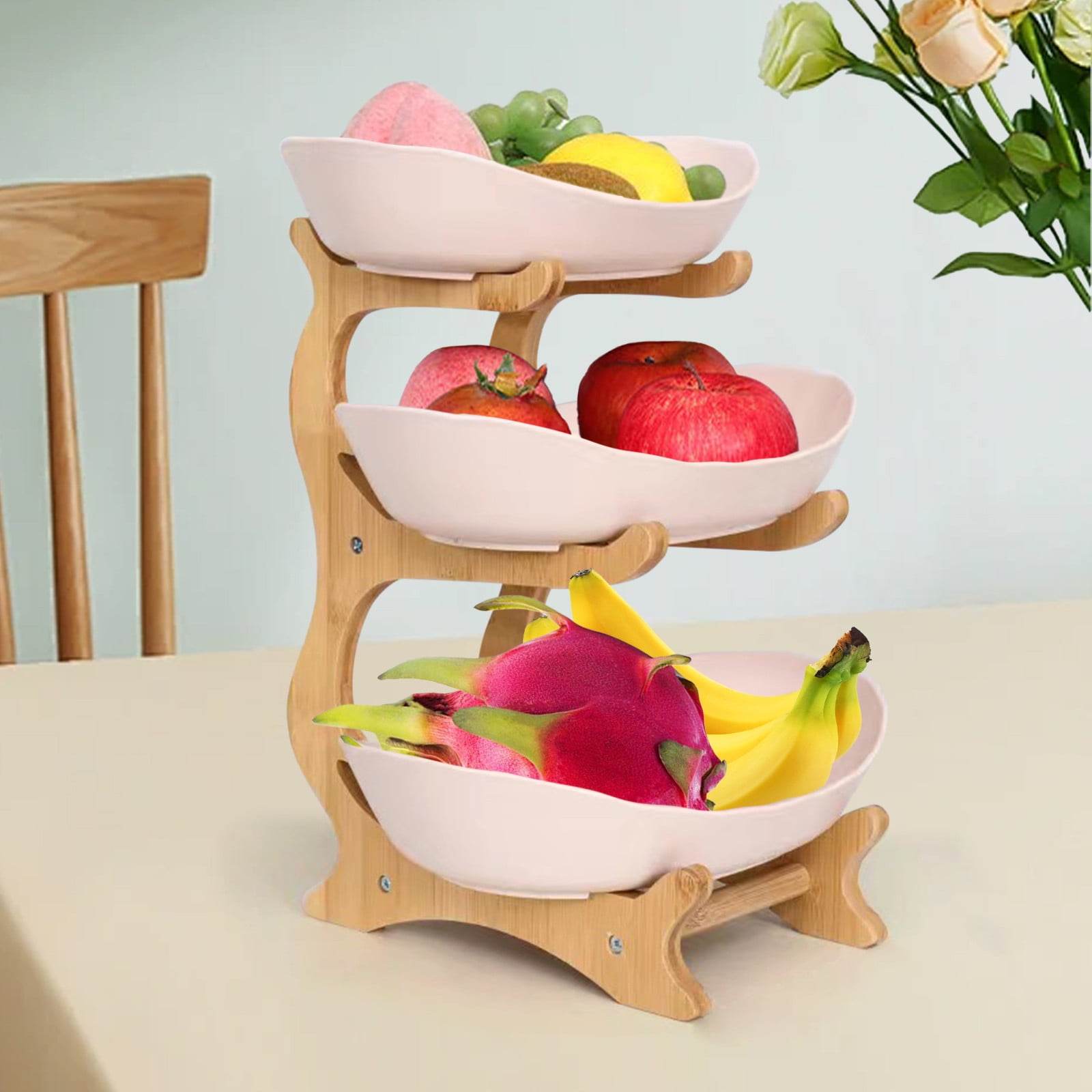 Tiitstoy Fruit Basket for Kitchen Counter, with Wood Holder, 3/2/1 Tiered Large Capacity Fruit Basket Oval Tiered Fruit Bowl Set for Kitchen Counter, Parties, Gatherings, Restaurant, Family Events