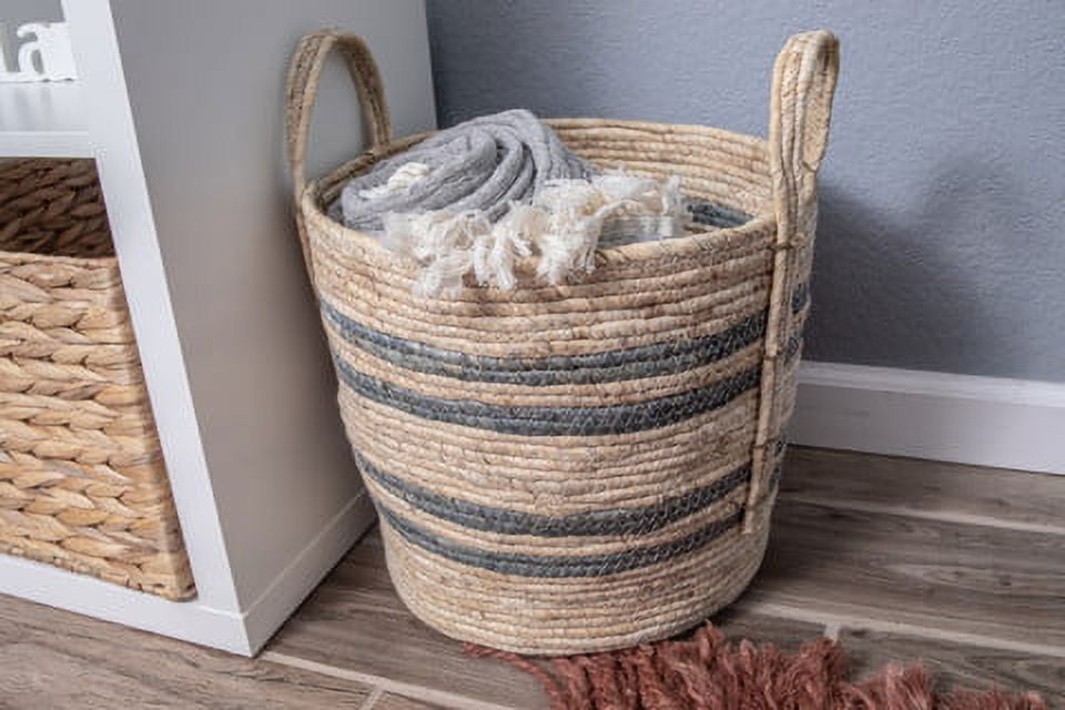 Better Homes & Gardens Large Natural Maize Colored Stripe Basket, Blue Gray