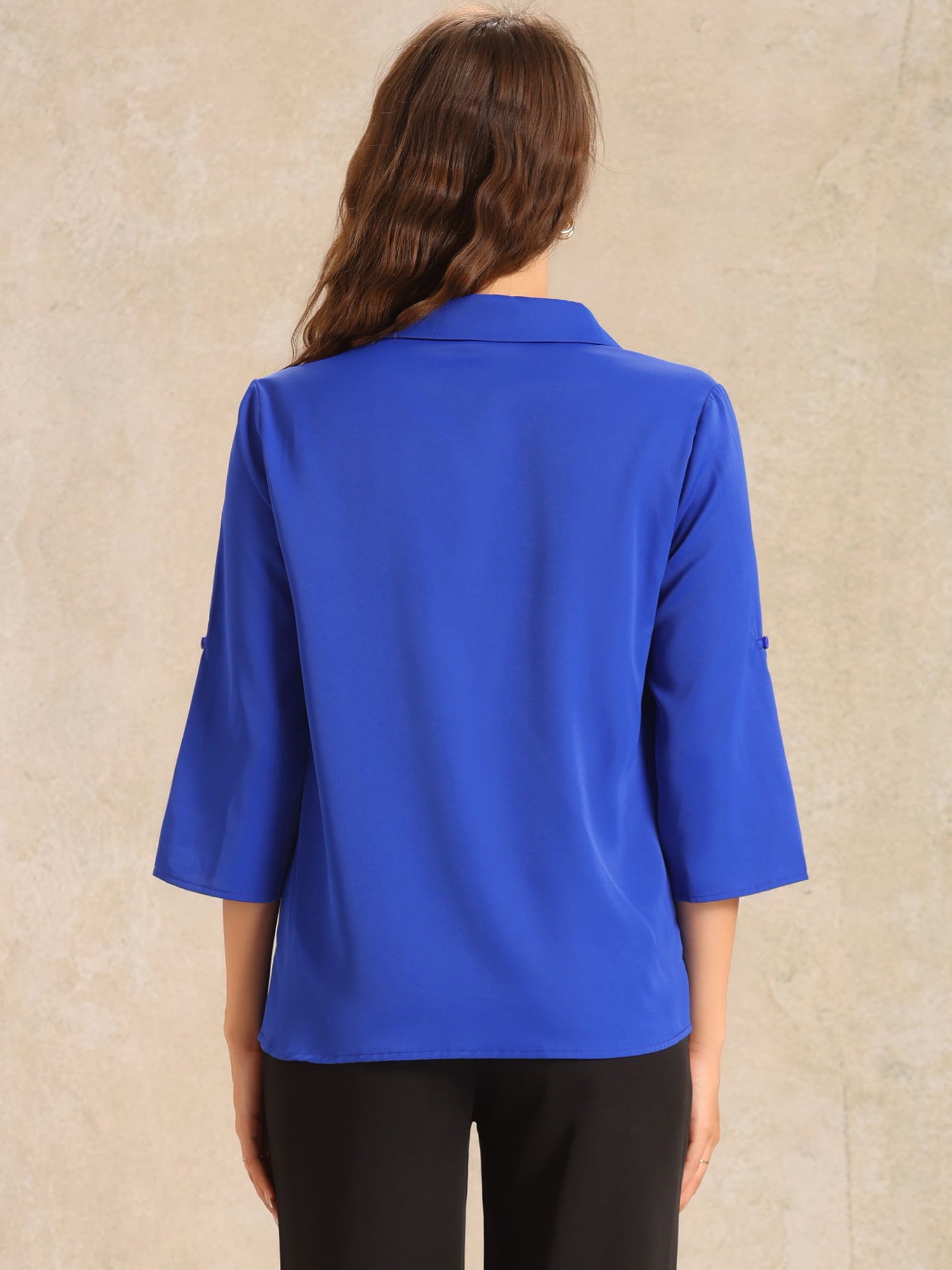 DARING DIVA Women's V Neck Collared Blouses with Roll Up 3/4 Sleeves S Royal Blue