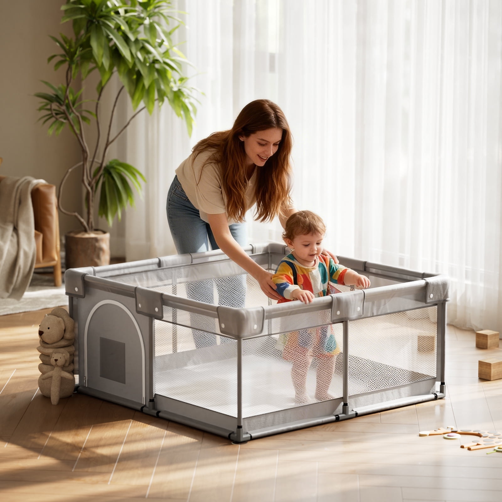 NimbleRest 46.5"x46.5" Large Baby Playpen Toddler Play Yards Safety Fence, Gray