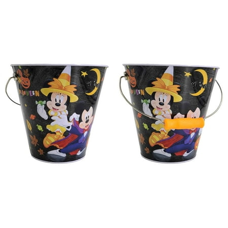 Disney Mickey Minnie Halloween Candy Buckets Set Of 2 Metal Pail 7 Inch With Handle Trick Or Treat Empty For Kids Egg Hunt Party