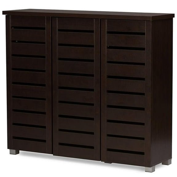 Bowery Hill Contemporary 3 Door Wooden 20 Pairs Shoe Cabinet in Dark Brown