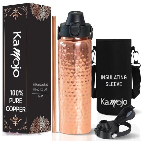 Botella de agua Kamojo de cobre puro de 32 oz con tapa de botón