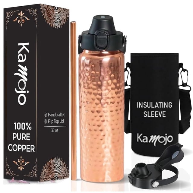 Botella de agua Kamojo de cobre puro de 32 oz con tapa de botón