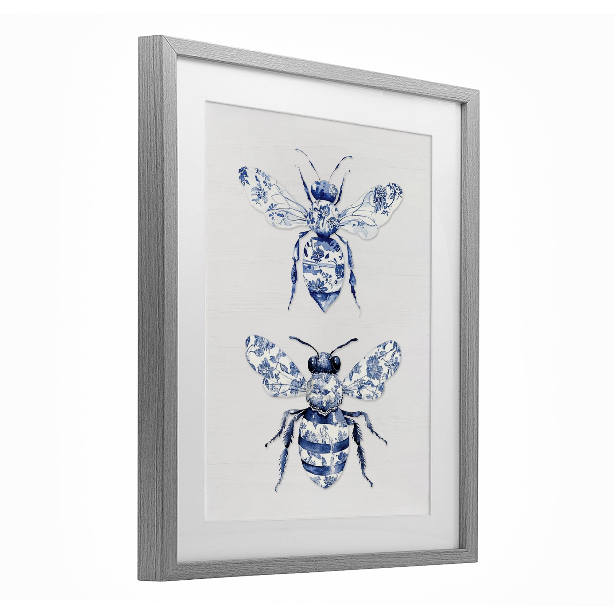 Toile Patterned Bees Gray Framed Print Under Glass, design by Lettered and Lined