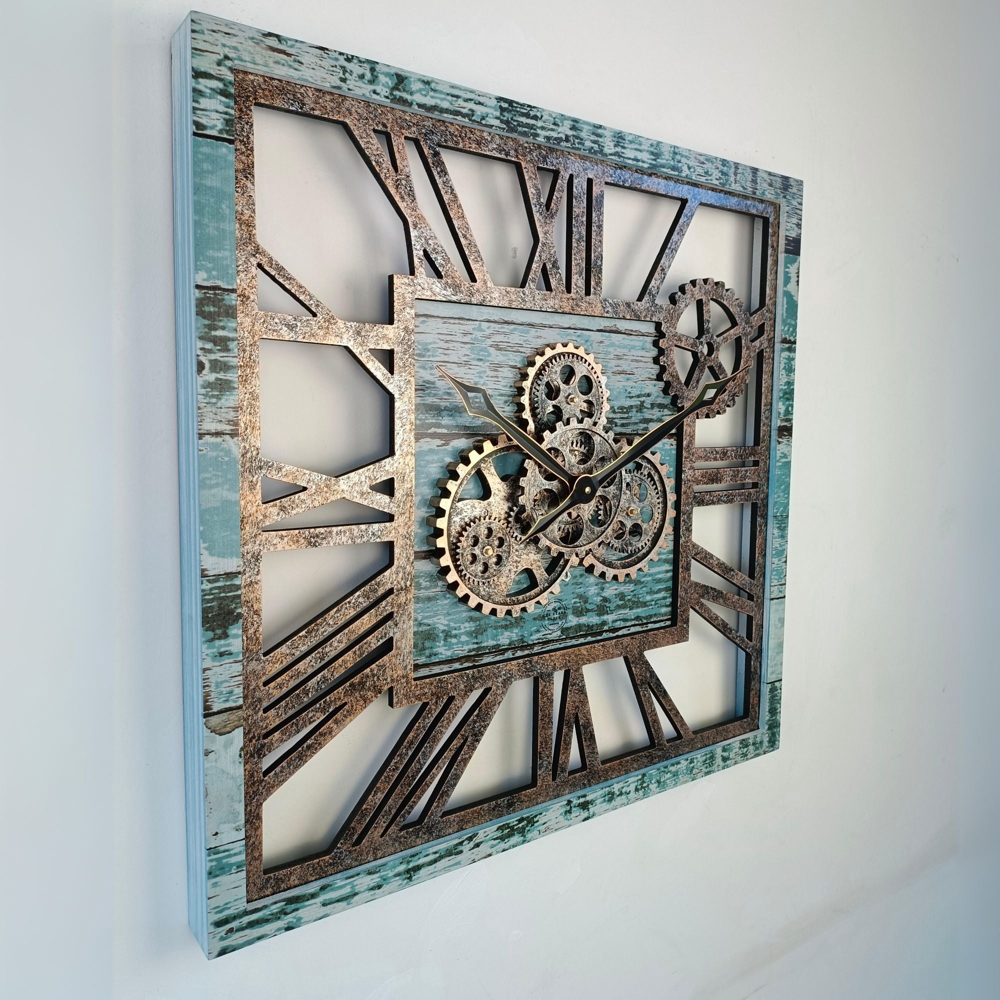 THE GEARS CLOCK Wall Clock with Real Moving Gears AM-LI_ 24 in Square Aqua-Green