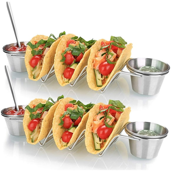 Taco Holder Stand - Holder Stand with Salsa Cup Holds 3 Tacos Each Keeping Shells Upright & Neat
