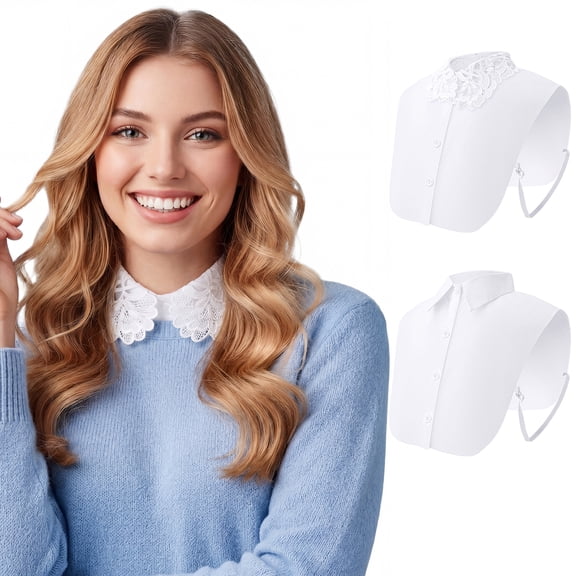 Bocaoying Womens Fake Collar Detachable Dickey Collar, White & Lace Blouse Half Shirts Collar, 2 Pack