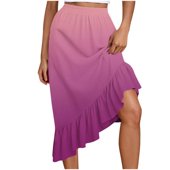 WRFWUL Women's Asymmetrical Midi Skirt with Ruffled Hem Ombre Gradient And Elastic Waist A-Line Casual Flowy Summer Skirt