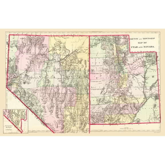 Historic State Map - Nevada Utah - Mitchell 1890 - 23 x 35.27 - Vintage Wall Art