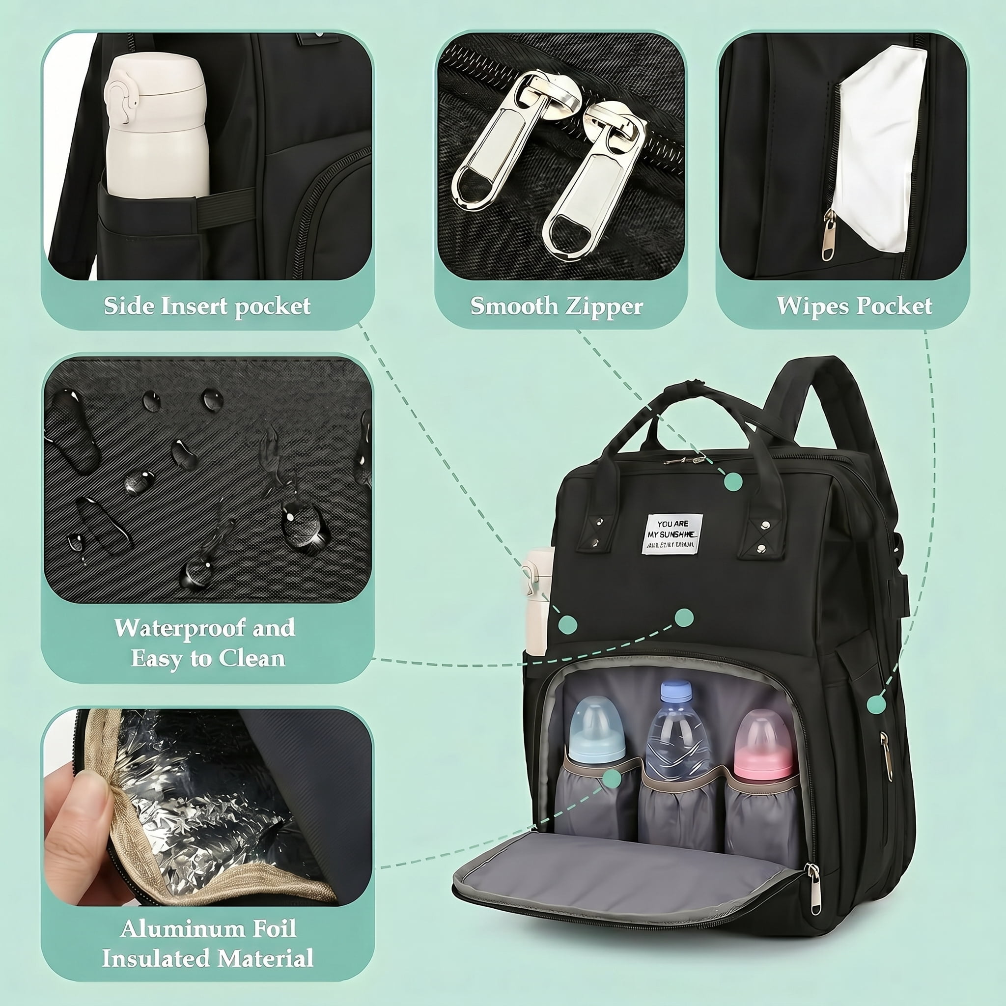 Diaper Bag Backpack with Changing Station, Waterproof Large Capacity Travel Baby Bag for Mom Dad, USB Charging Port, Baby Shower Gifts, Black