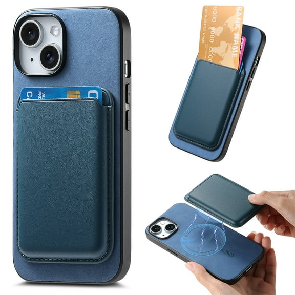 Wallet Case for iPhone 15 Plus, Classic PU Leather Removable Magnetic Card Back Slot Anti-falling Anti-drop Shockproof Protective Phone Case Cover for iPhone 15 Plus, Blue