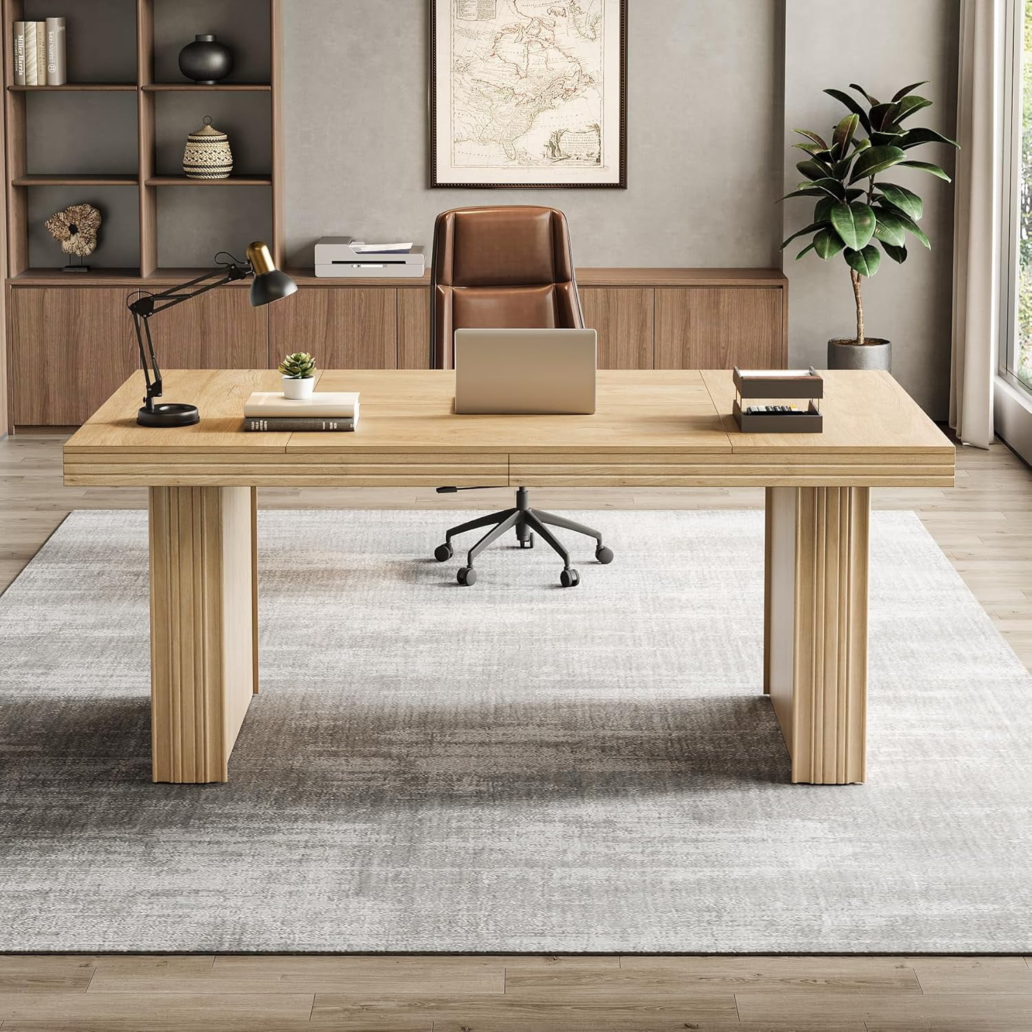 Finmind 63" Executive Desk with Heavy-Duty Leg for Office, Natural