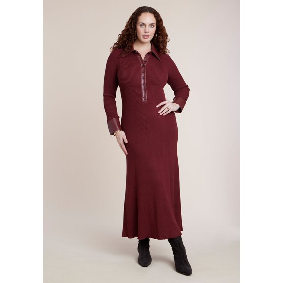 ELOQUII Women's Plus Size Faux Leather Detail Sweater Dress