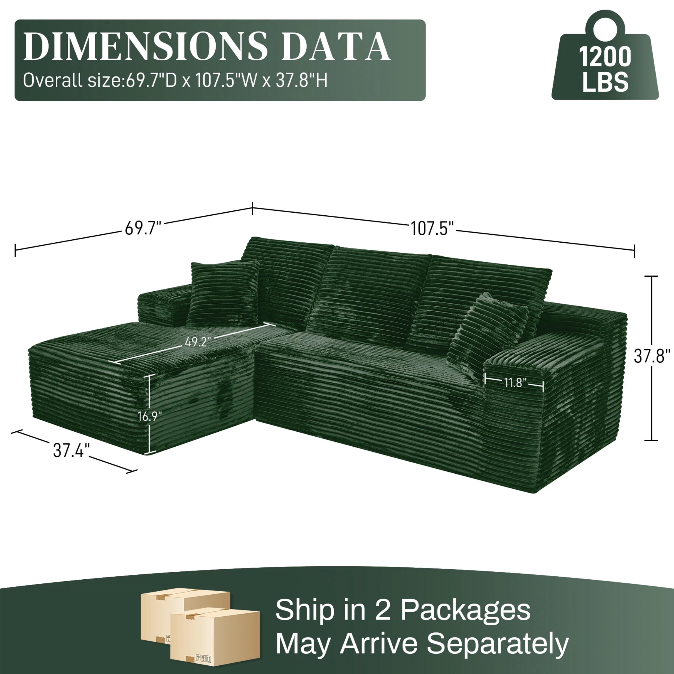 AISWORD 107.5" Corduroy Boneless L Shaped Modular Sectional Sofa with Left Facing Chaise, Deep Seat Compressed Couch with Throw Pillows, No Assembly Required, Green