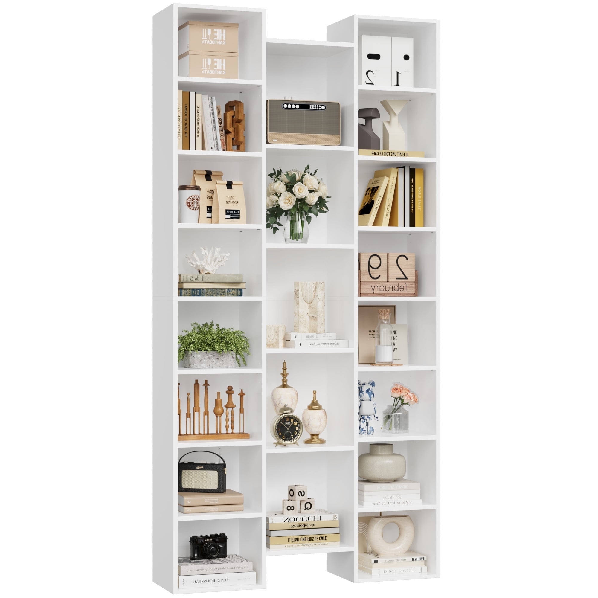 Homfa 21-Cube Bookcase, 71’’ Tall Wooden Bookshelves with Adjustable Shelves, Triple Wide CD Display Storage Organizer Shelf for Home Office, White