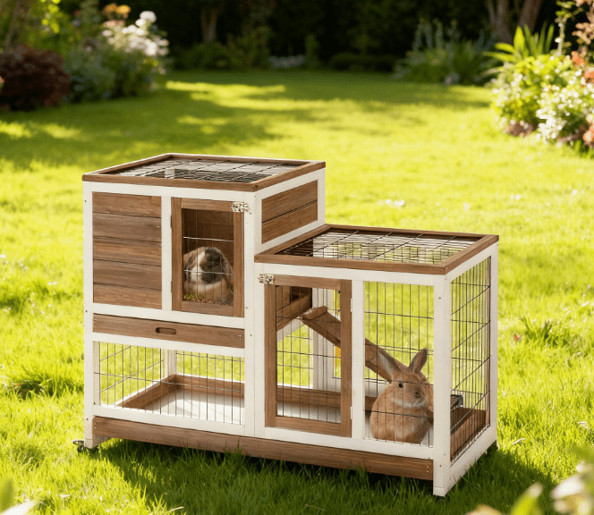 Wooden Rabbit Hutch Elevated Bunny Cage Indoor with Enclosed Run with Wheels, Ramp, Removable Tray, Brown