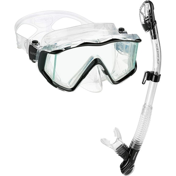 Rapido Boutique Collection Clareza Tempered Glass Lens Panoramic View Scuba Snorkel Mask, Dry Snorkel Set, Anti-Fog Snorkel Mask and Anti-Leak Tube, Adults Snorkeling Set