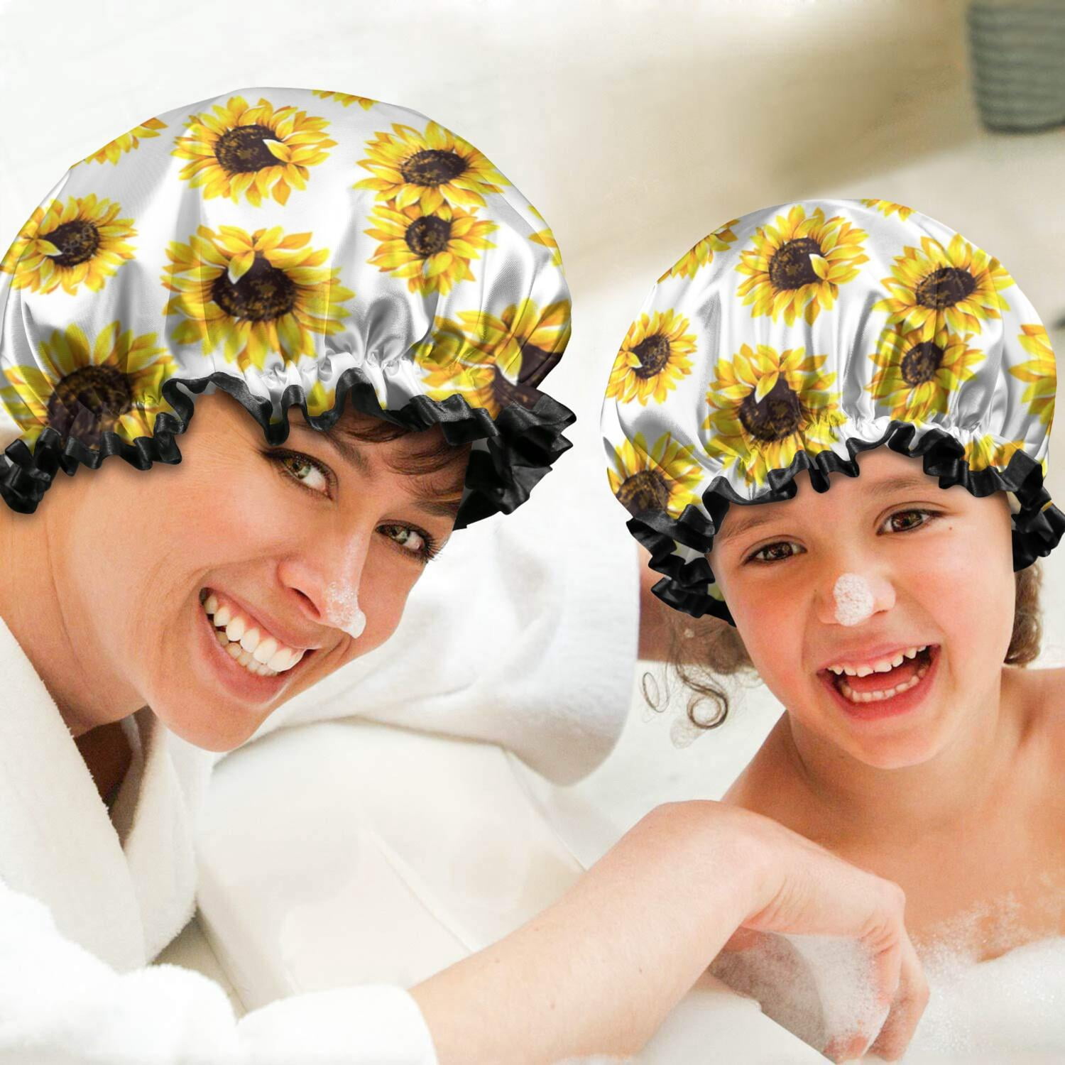 Shower Caps,White Yellow Sunflower Pattern Waterproof Shower Cap for Women 4 Pieces,Double Reusable Hair Cover for Shower PEVA Elastic Stretch Hem
