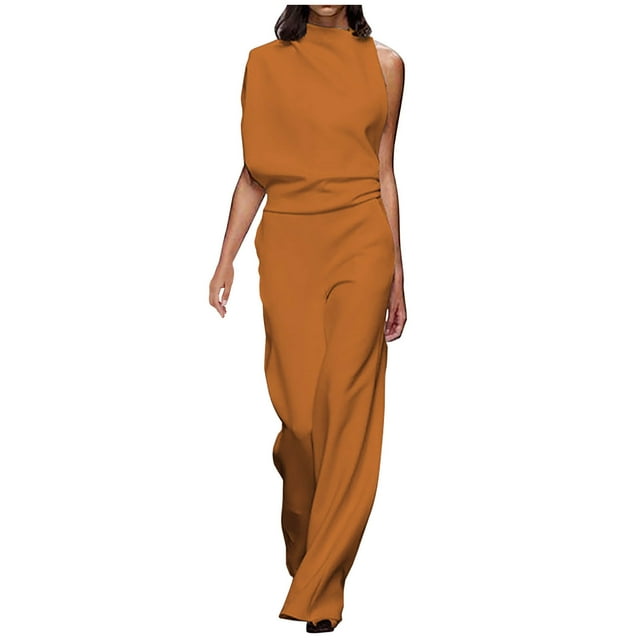Women's Short Sleeve Mock Neck Elegant Formal Wide Leg Pants Jumpsuit Cold Shoulder Cocktail Business Rompers