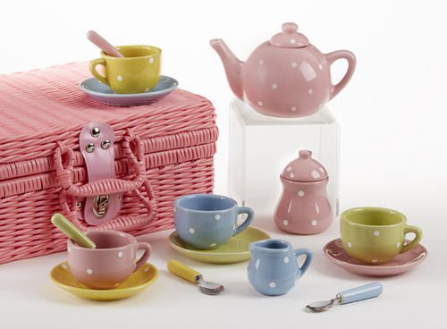 Delton Polka Dots Small Tea Set 17pc W Pink Basket for sale online 