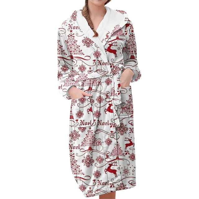 Women's Fleece Plush Robe Long Warm Plush Bathrobe Loungewear Jacket Printed Comfort Robe