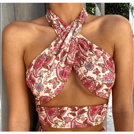 

Cathery Women s Crisscross Halter Top Floral Cutout Backless Cup Detail Strappy Tie Y2K Wrap Bustier Corset Top