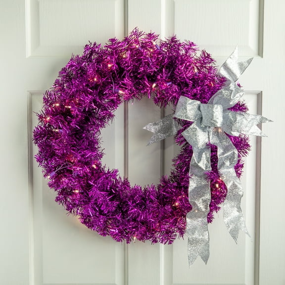 Northlight Pre-Lit Tinsel Artificial Christmas Wreath - 24" - Purple - Clear Lights