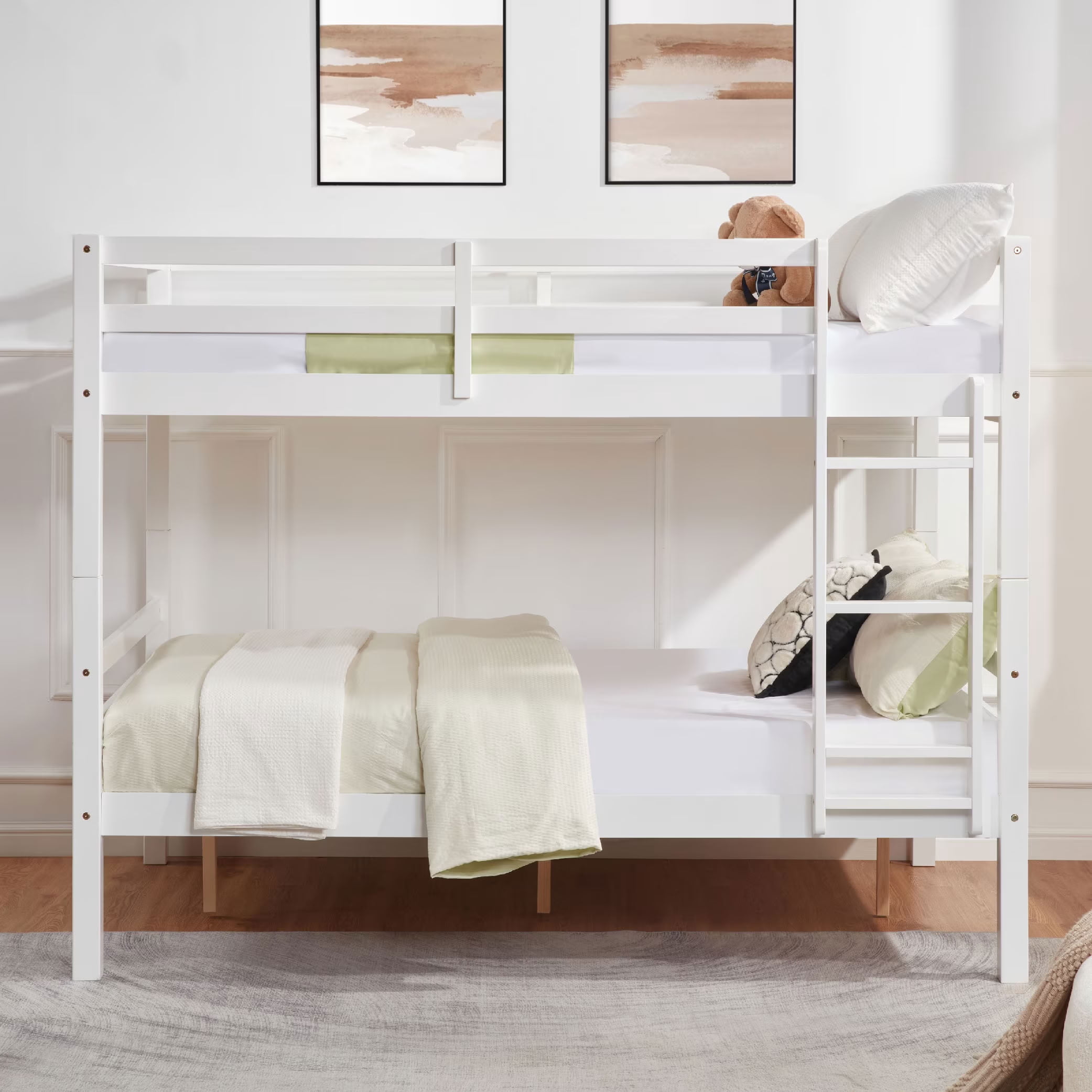 MAYEERTY Full over Full Bunk Bed with Thick Posts, Solid Wood Bed Frame with High Guardrail and Ladder, for Kids Teens Dorm Rooms, No Box Spring Needed