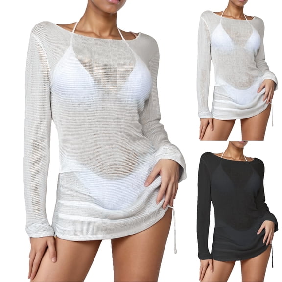 Coverup , Summer Clothes , Beach Cover-Ups Womens Swimsuit Cover Up Crochet Coverups Hollow Out Long Sleeve Drawstring Bathing Suits Swim Coverup
