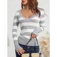 thumbnail image 4 of Women Long Sleeve Knit Tops Casual V-neck Striped Pullover Shirt Blouse for Club Streetwear, 4 of 10