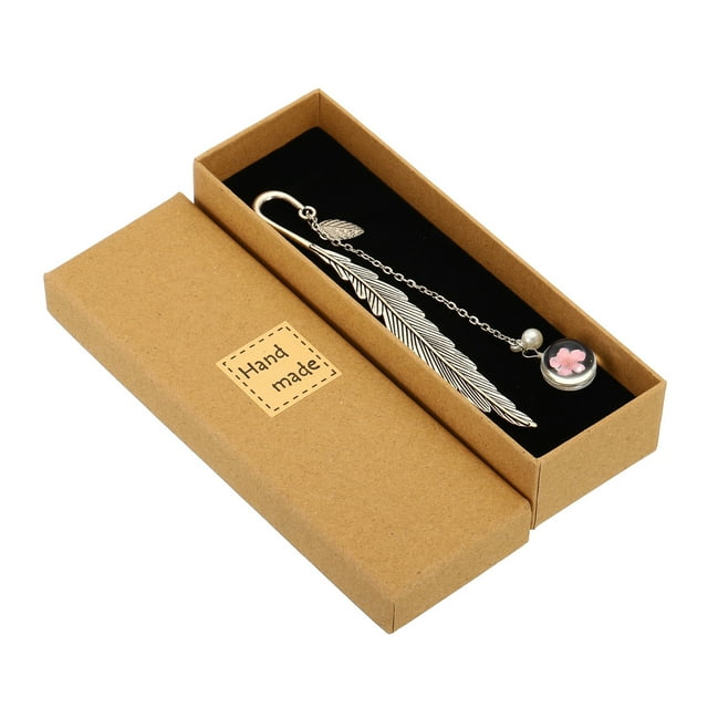 Marcadores de libro de plumas de metal Uxcell, marcadores de página, empaque de caja de regalo de cumpleaños con colgante de flor