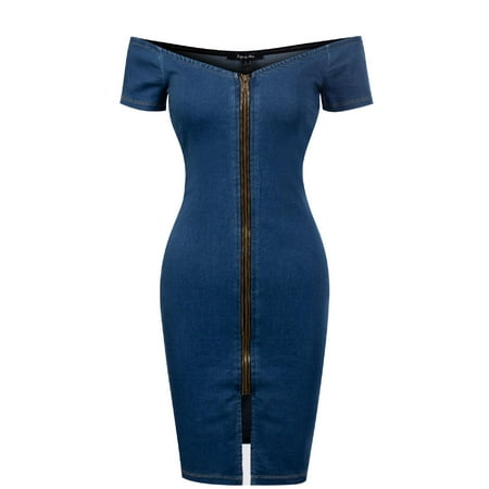 Star Denim Mini Made by Olivia Women's Off Shoulder Strapless Slim Fit Denim Zipper Up Mini Bodycon Dress Denim L ()