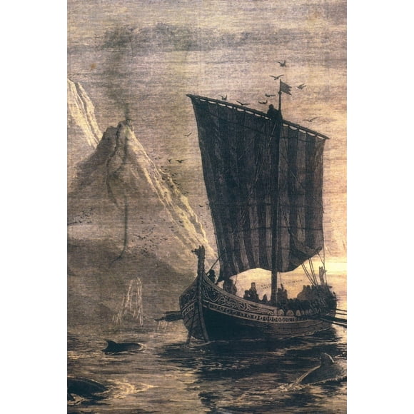 Norwegian Viking Longship /Napproaching The Coast Of Iceland. Wood Engraving, 19Th Century. Poster Print by (18 x 24)