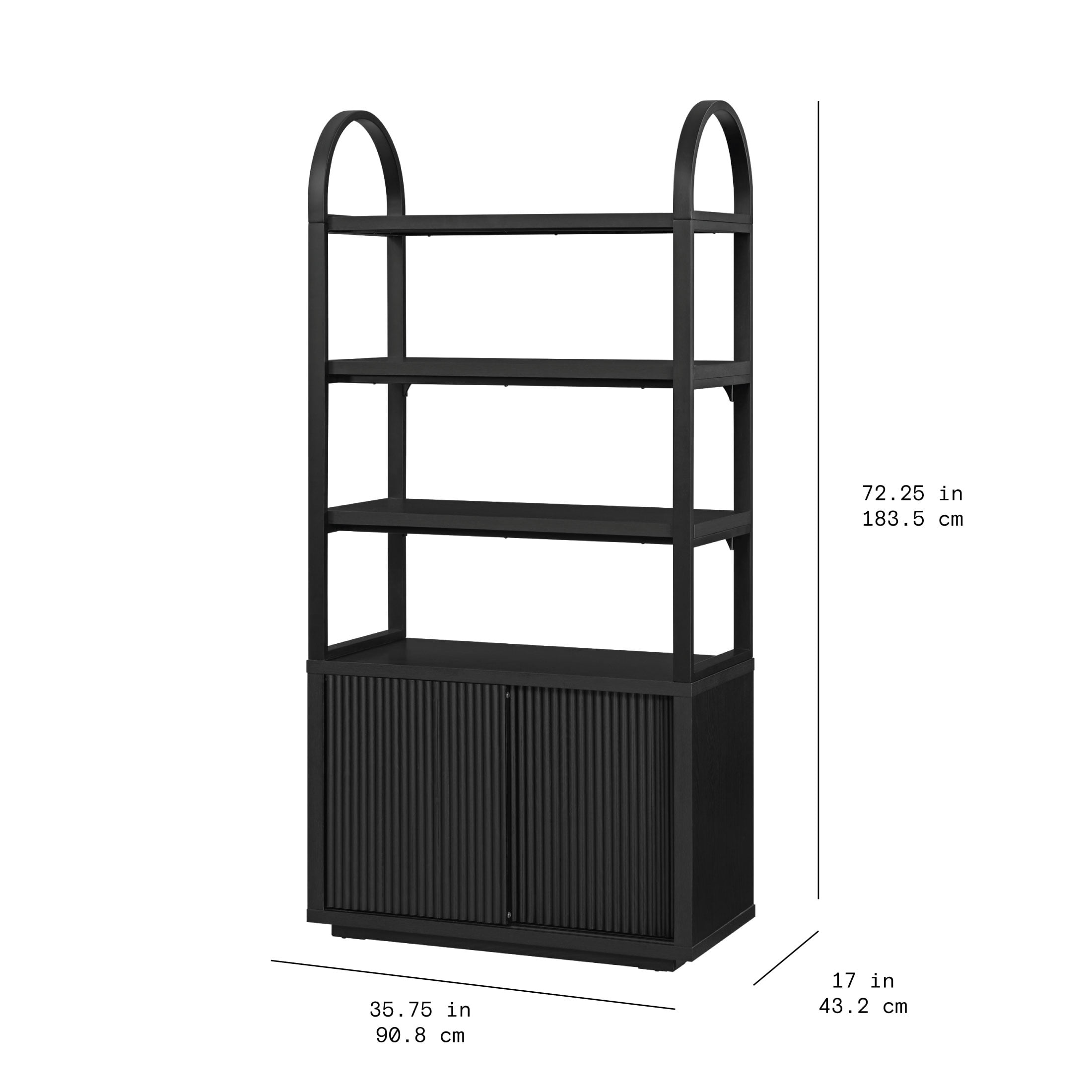 Beautiful Fluted 3-Shelf Bookcase with Storage Cabinet by Drew Barrymore, Rich Black Finish