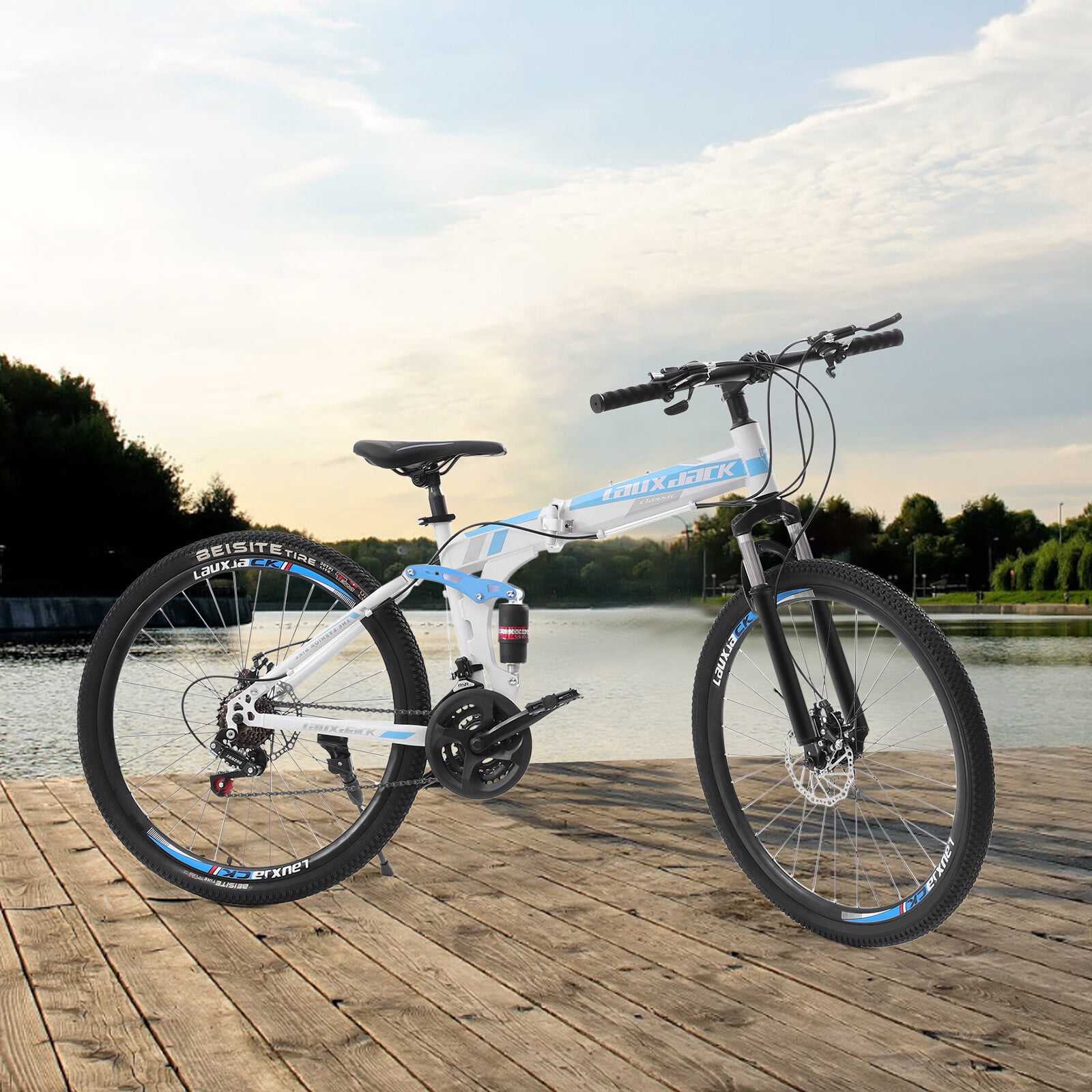 26" Folding Mountain Bike 21 Speed Men Bikes MTB Bicycle School Dual Disc Brake Rubber, High-carbon Steel, Sponge Blue, White