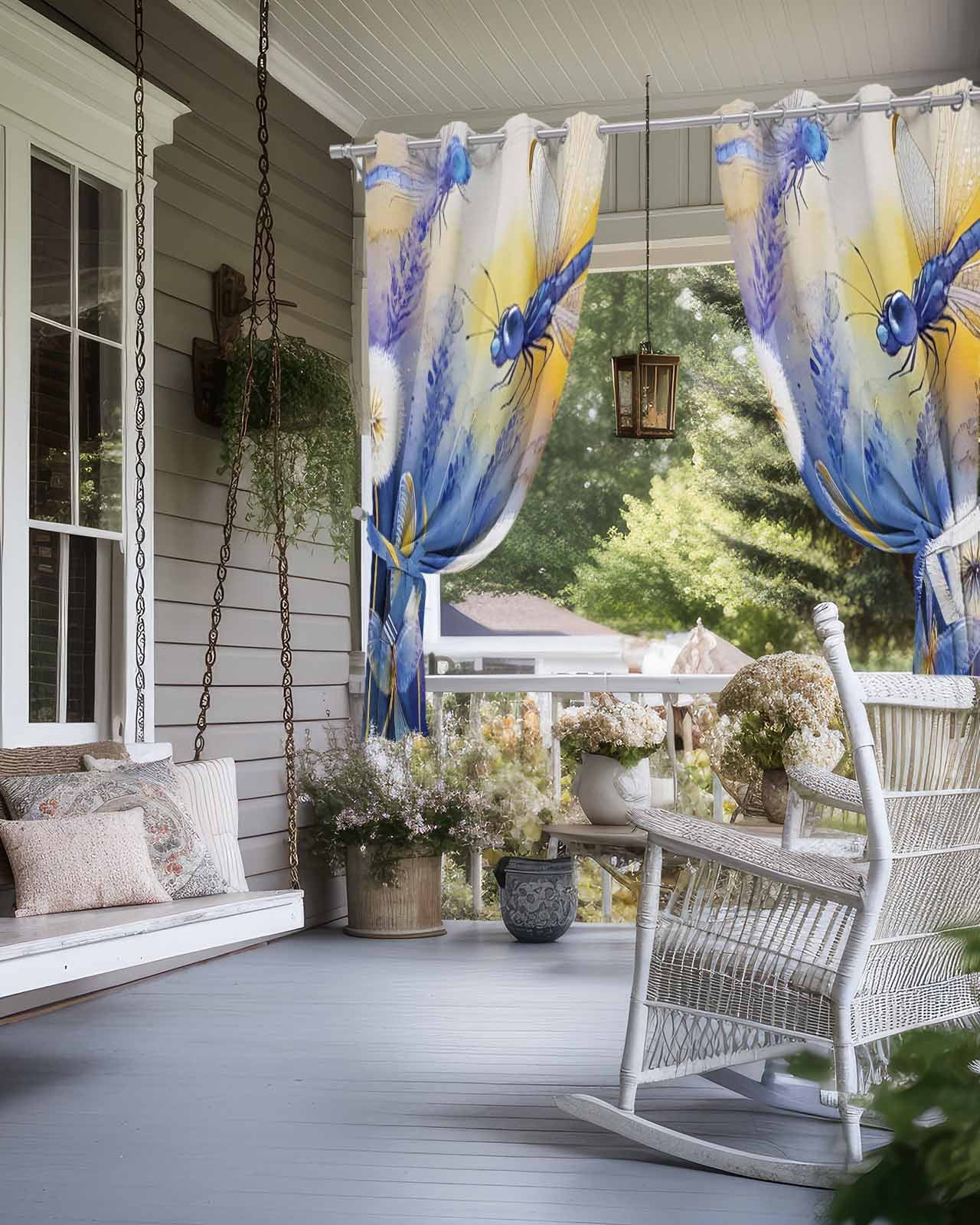 nqOlkjepod Outdoor Curtains for Patio Waterproof, Purple Dragonfly Outdoor Privacy Panels Grommet, Watercolor Spring Summer Floral Blackout Outside Curtains for Porch/Cabana 54"x108", 1 Panel