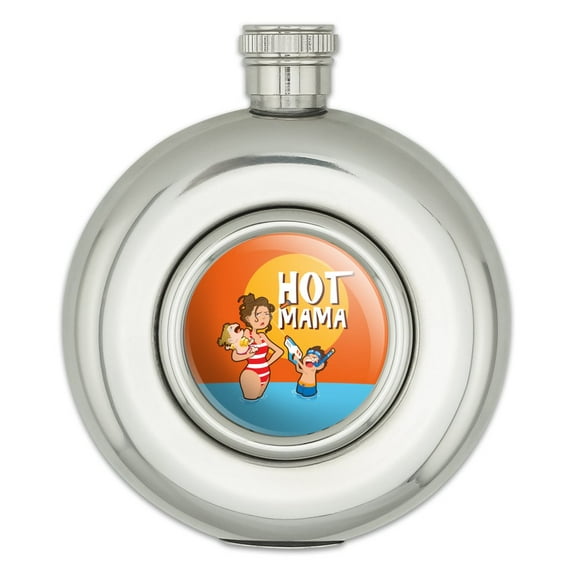 Hot Mama Mother with Kids at the Beach Pool Round Stainless Steel 5oz Hip Drink Flask