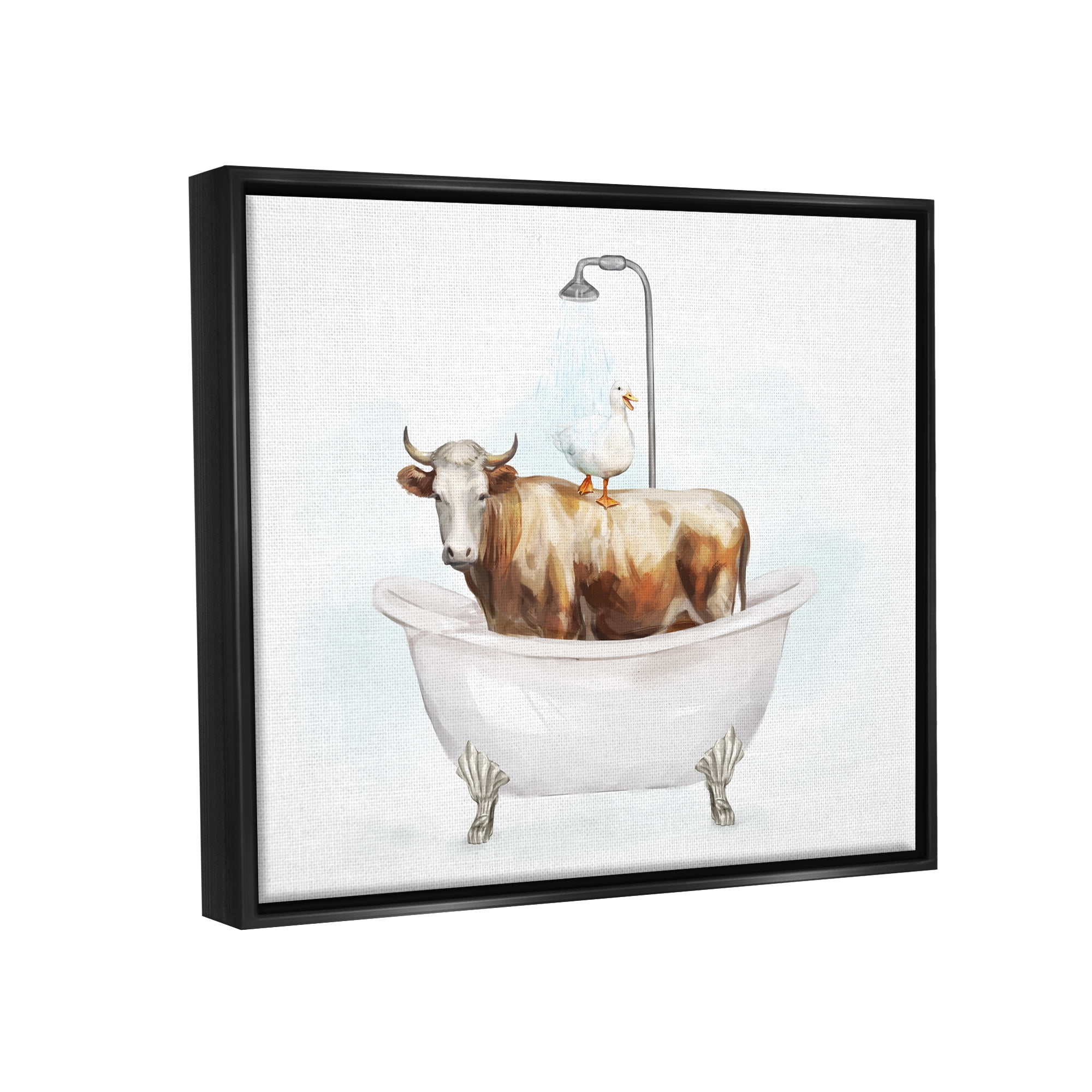 Stupell Industries Duck & Cow in Tub Animals & Insects Painting Black Floater Framed Canvas Art Print Wall Art, 21 x 17