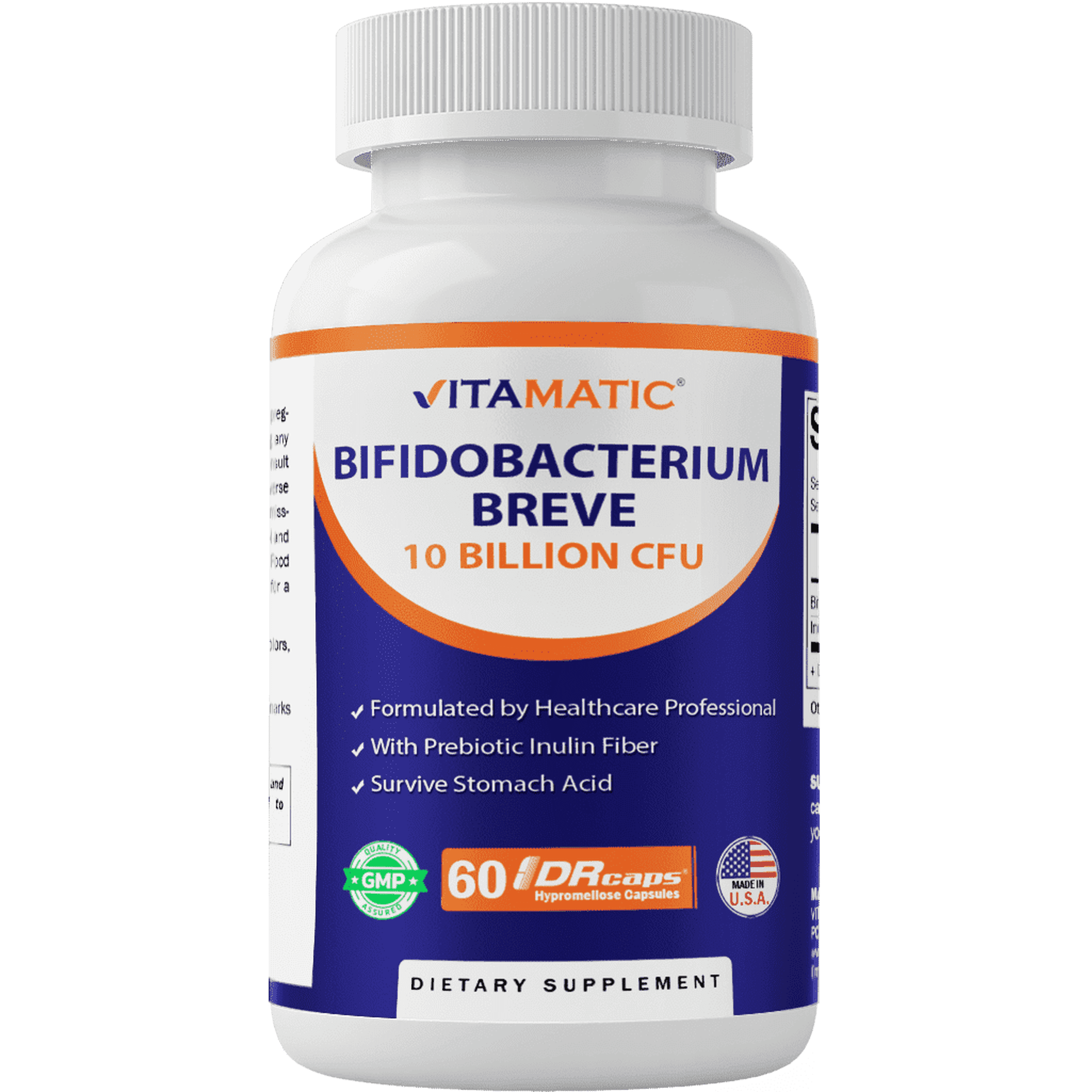 Vitamatic Bifidobacterium Breve - 10B per DR Capsule - 60 Count - Digestive Support - Made with Prebiotic Inulin Fiber