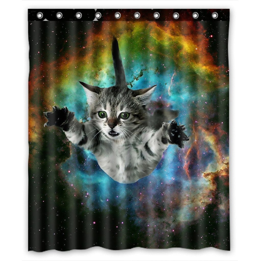 GCKG Galaxy Space Cat Bathroom Shower Curtain, Shower Rings Included