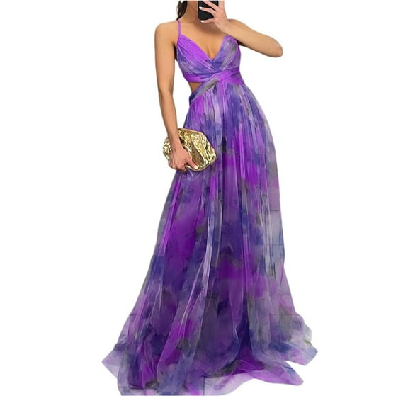 Prdecexlu Women's Floral Tulle Wedding Guest Dress Spaghetti Straps V Neck A Line Formal Colorful Cocktail Maxi Dresses Purple L