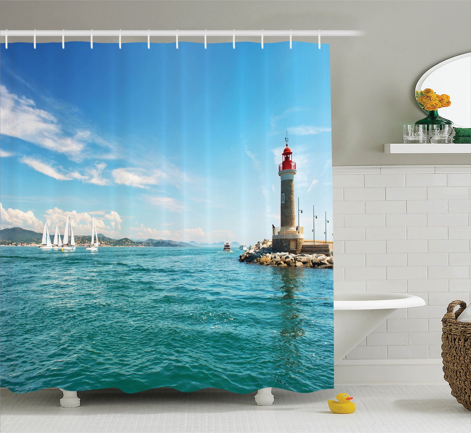 Lighthouse Decor Shower Curtain Set, Bright Day By The Seaside ...