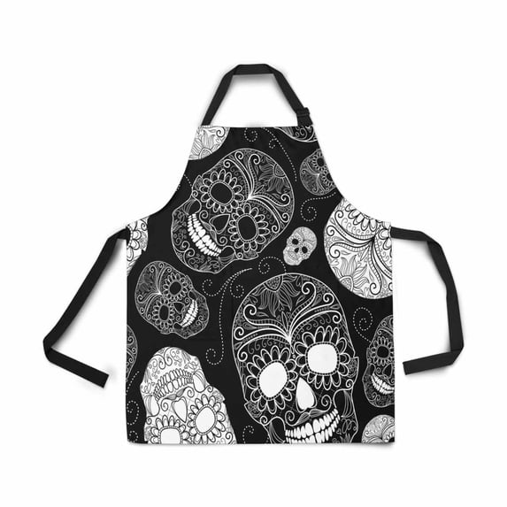 ASHLEIGH Adjustable Bib Apron for Women Men Girls Chef with Pockets Seamless Black White Skulls Day of The Dead Novelty Kitchen Apron for Cooking Baking Gardening Pet Grooming Cleaning