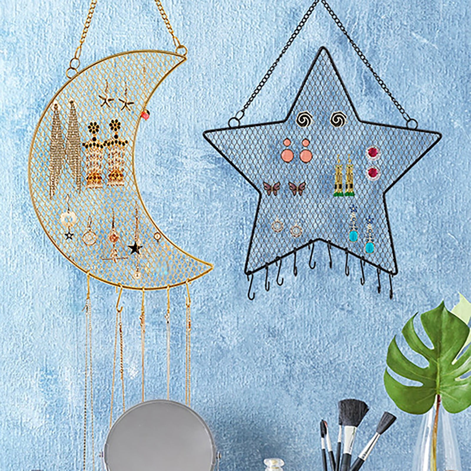 1Pc Earring Wall Holder Hanging Jewelry Storage Organizer, Metal Grid Star And Moon Shape Jewelry Rack, Gift for Ladies And Girls