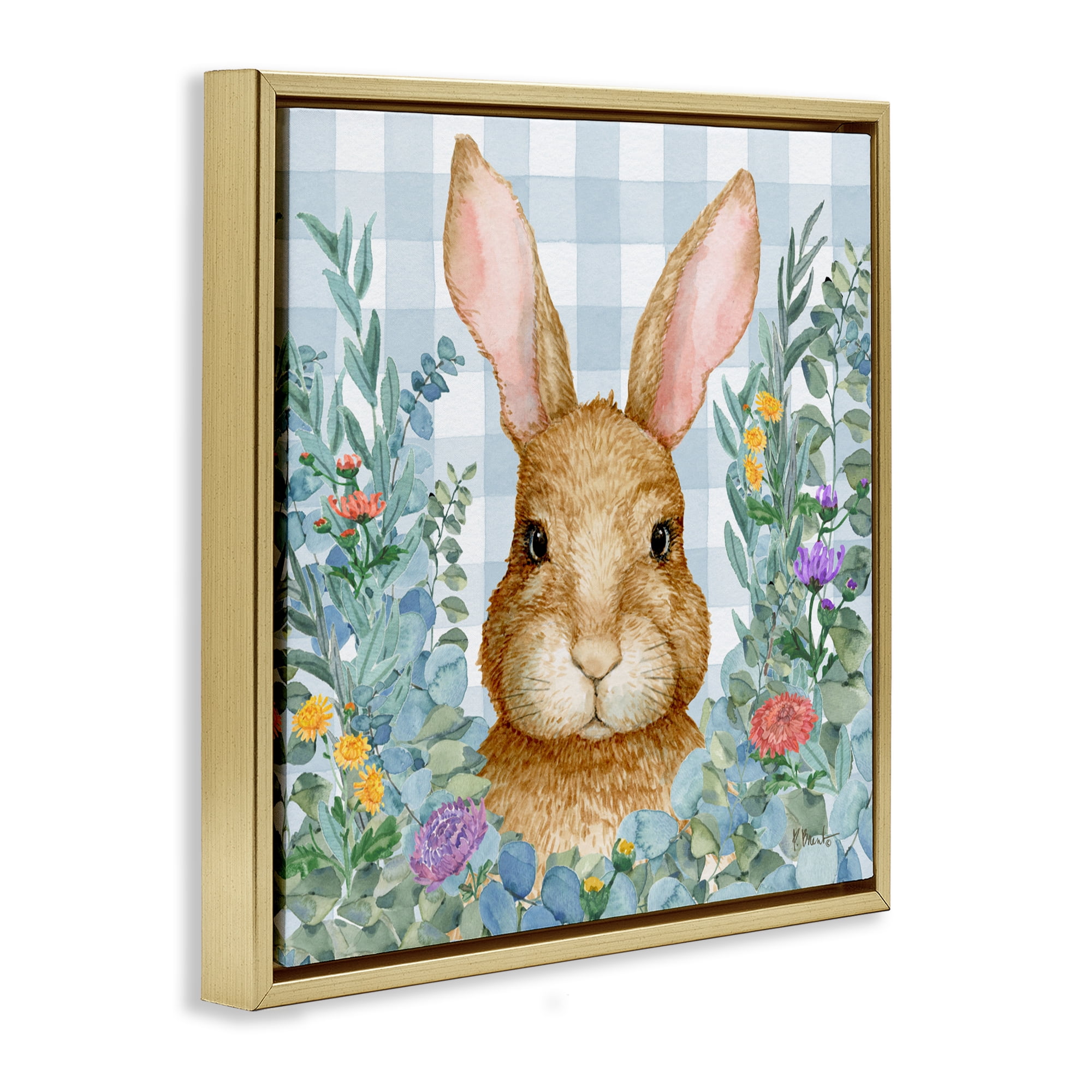 Stupell Industries Rabbit Laurel on Gingham Gold Framed Floater Canvas Wall Art, design by Paul Brent