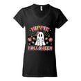 thumbnail image 2 of Wild Bobby Hippie Halloween Ghost Bats Stars Halloween Pink Orange Purple Halloween Halloween Women Standard V-Neck Tee, Black, Small, 2 of 6