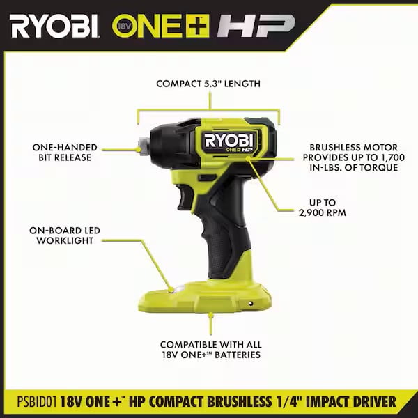 RYOBI ONEAND HP 18V BRUSHLESS Cordless Compact 1/4 in. HEX Impact Driver Tool ONLY PSBID0